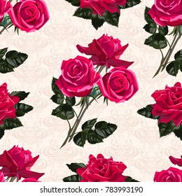 Seamless pattern of red flowers roses and leaves.