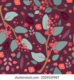 Seamless pattern with red flowers sakura and leaves.Vector illustration.