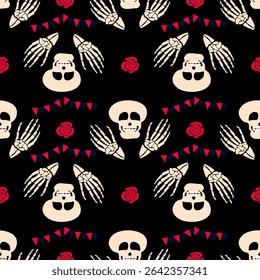Seamless pattern with  red flowers and skull  on black background. Mexican sugar skull. Halloween pattern. Dia de los muertos. Perfect for fabric, textile and packaging 