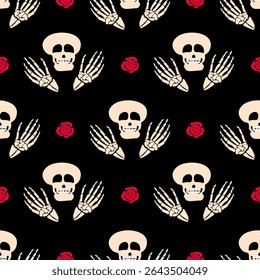 Padrão contínuo com flores vermelhas e crânio em fundo preto. Esqueleto de açúcar mexicano. Padrão de Halloween. Dia de los muertos. Perfeito para tecido, têxtil e embalagem 