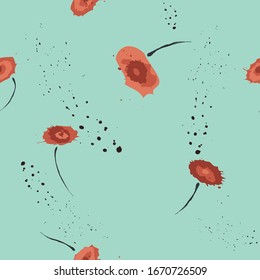Seamless pattern with red flowers with spots of paint on a turquoise background. Vector texture for textiles, fabrics, shoes, wrapping paper, napkins, phone cases, bags.