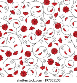 seamless pattern with red flowers, thin swirls and black lines on a white background