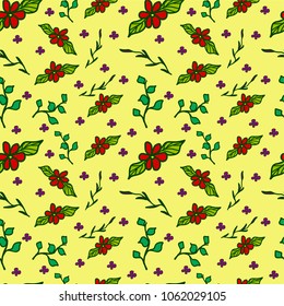 Seamless pattern, red flowers with twigs and green leaves, on a yellow background, vector