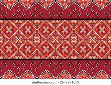 Seamless pattern with red flowers, white stripes, and knitted vintage textile design, perfect for fabric, wallpaper, or retro decor