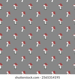 Seamless pattern of red fly agaric. For textile, wrapping paper, cover, wallpaper and background. Vector illustration on a gray background.