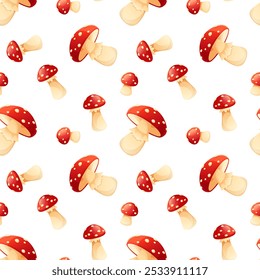 Seamless pattern red fly agarics with white specks on a white background. Forest fairytale, poisonous mushrooms. Design for forest and fairytale packaging, textiles, wallpapers and backgrounds.