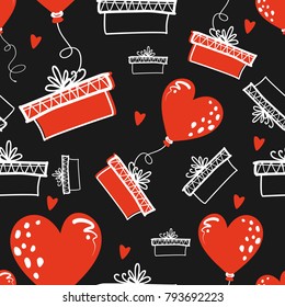 Seamless pattern with red flying balloons in the shape of a heart.