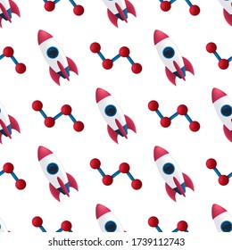 Patrón sin brillo con un cohete volador rojo y elemento científico abstracto. Ilustración vectorial con una nave espacial o lanzadera aislada en fondo blanco. Se puede utilizar en papel textil o de envoltura