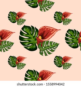 Seamless pattern with red forest Wild Calla flowers and leaves. for wallpapers,textile and scrapbooking