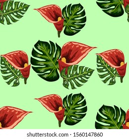 Seamless pattern with red forest Wild Calla flowers and leaves. for wallpapers,textile and scrapbooking