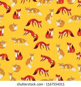 Seamless pattern. Red fox on yellow background.