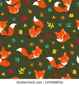 Seamless pattern Red Foxes and  Colorful Falling Leaves. Wild Animals in Forest.  Autumn Seasons November. Texture ornament for textile and calendars  design vector