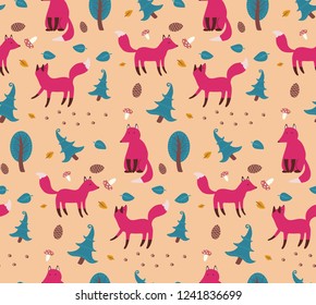 Seamless pattern with red foxes and trees