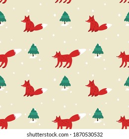 Seamless pattern with red foxes and trees on snowy background. Design for fabric and paper, surface textures.