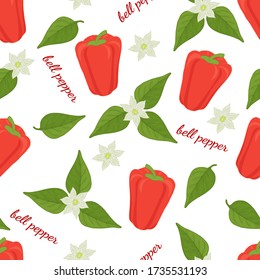 Seamless pattern with red fresh bell peppers, green leaves, flowers. Vegetable continuous picture. Vegetarian food, agricultural eco product. Drawn by hand. Endless texture for various design.