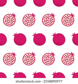 Seamless pattern of red fruit pomegranate. Flat vector illustration isolated on white background. Print for fabric, textile, wrapping paper, healthy food, menu, card