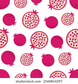 Seamless pattern of red fruit pomegranate. Flat vector illustration isolated on white background. Print for fabric, textile, wrapping paper, healthy food, menu, card