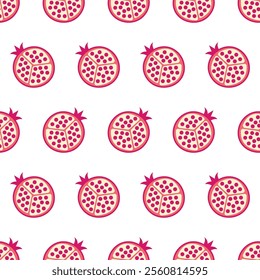 Seamless pattern of red fruit pomegranate. Flat vector illustration isolated on white background. Print for fabric, textile, wrapping paper, healthy food, menu, card