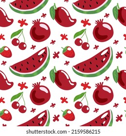 Seamless pattern of red fruits and berries, summer vector illustration in cartoon style. Watermelon, cherries, strawberries, pomegranate and mango. Bright summer pattern.