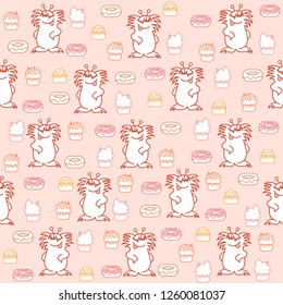 Seamless pattern with red funny shaggy monsters and yellow,orange,pink and red ice creames,donuts and cakes on a pink background.Print for fabric,wrapping paper,wallpaper,background for your design