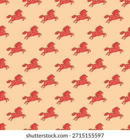 Seamless pattern with red galloping horse for 2026 Chinese New Year. Festive decorative background
