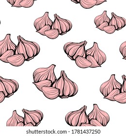 seamless pattern of red garlic on a white background.Bright pattern of garlic. The trendy pattern of garlic in the style of pop art. Hand-drawn vector illustration. Head of garlic