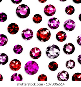 Seamless pattern with red gemstones. Jewels on white background. Vector illustration.