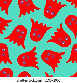 seamless pattern of red ghosts on turquoise background. flat