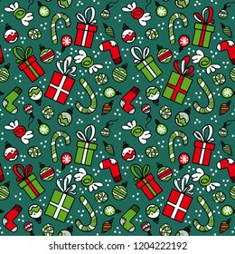 Seamless pattern with red gift boxes, socks, christmas balls and sweets on green background. Vector pattern for Christmas, New Year's Day, Winter Holidays. Background for gift wrapping paper, textille