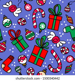 Seamless pattern with red gift boxes, socks, christmas balls and sweets on blue background. Vector pattern for Christmas, New Year's Day, Winter Holidays. Background for gift wrapping paper, textille