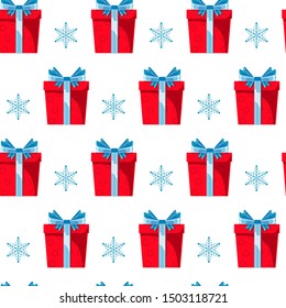 Seamless  pattern red gift boxes with blue ribbon and bow on white background. Christmas, surprise, anniwersary concept for wrapping, wallpaper, backdrop. Vector illustration EPS 10. 