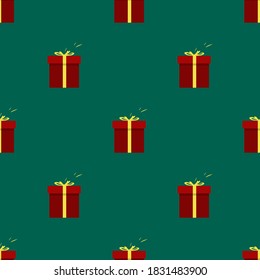 Seamless pattern of red gift packages with a yellow bow on a green background. Template, blank for wrapping paper, textiles, fabric, Wallpaper, cover, etc. Flat vector illustration. Flatlay.