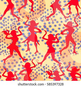 seamless pattern red  Girl disco dancing silhouette figure  vector illustration
