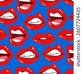 Seamless Pattern of Red Glossy Lips Smiling Against Blue Background, wallpaper with hand drawn for banners, cards, flyers, social media wallpapers, etc. vector illustration