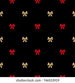 Seamless pattern red and gold bows on black.