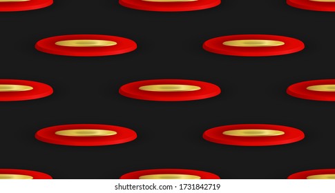 Seamless pattern with red and gold frisbee on black background. Design textile print, wrapping paper, sport background. Outdoor game wallpaper with realistic plastic frisbee disc. Vector illustration