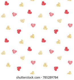 Seamless pattern of red and gold glitter hearts on white. Backdrop vector illustration. Vector Illustration for Valentine's Day. Hand drawn February 14 pattern.