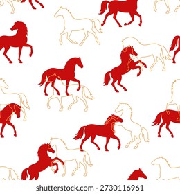 Seamless pattern with red and gold horse silhouettes on white background. Equine zodiac endless print for 2026 Year of the Horse. Oriental luxury background, wallpaper for Lunar new year and Christmas
