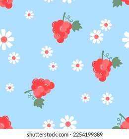 Seamless pattern with red grape fruit with green leaves and white flower on blue background vector illustration. Cute fruit print.