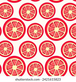 Seamless pattern with red grapefruit slices on white background. Flat style