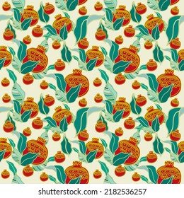 The seamless pattern of red graphic Pomegranate fruit and blue green leaves, flat vector illustration image.