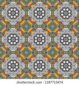 Seamless pattern in red, gray and blue colors. Vector abstract home decorative ornament,containing from geometric figures and mandalas.