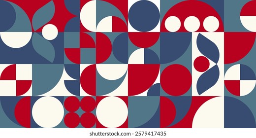 Seamless pattern of red gray blue white abstract geometric shapes forms, vector