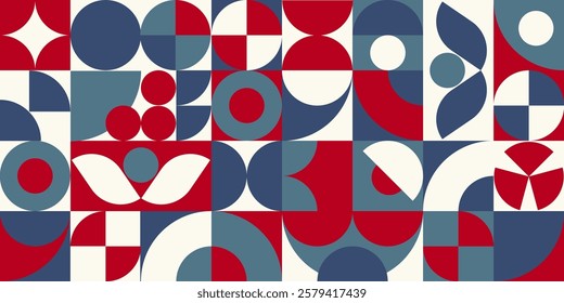 Seamless pattern of red gray blue white abstract geometric shapes forms, vector