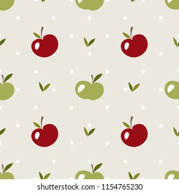 Seamless pattern with red and green apples, leaves and dots