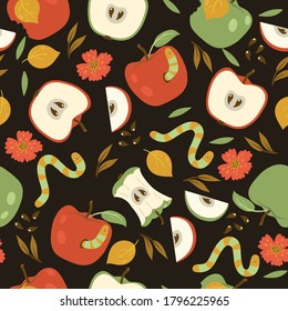 Seamless pattern with red and green apples and worms on a dark background. Vector graphics.