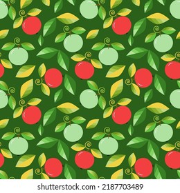 Seamless pattern with red and green apples on a dark green background. Drawing for textiles, fabrics, covers, wallpapers, scrapbooks.