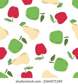 Seamless pattern with red, green apples and pears with black line on white background. Hand drawn vector flat cartoon doodle illustration. Tasty fresh juicy fruits, kitchen, textile, endless texture