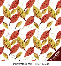 Seamless Pattern of red and green Autumn leaves with dots on white background 