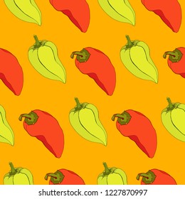 Seamless pattern with red and green bell pepper on orange background. Vegetarian, vegan food. Illustration.